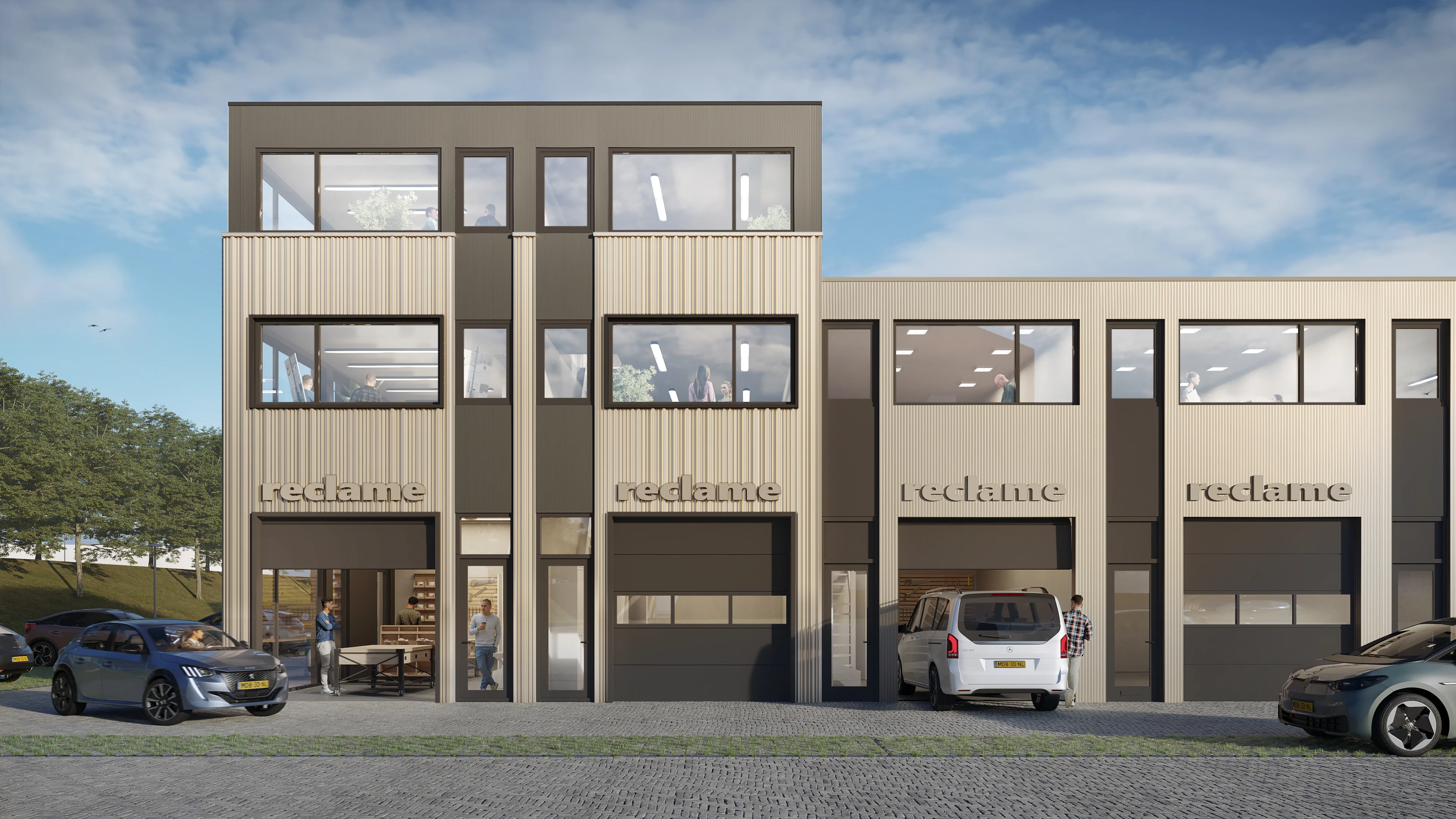 3D-exterieurvisualisatie van De Aphrodite in Tilburg, bedrijfsunits voorgevel gevelreclame