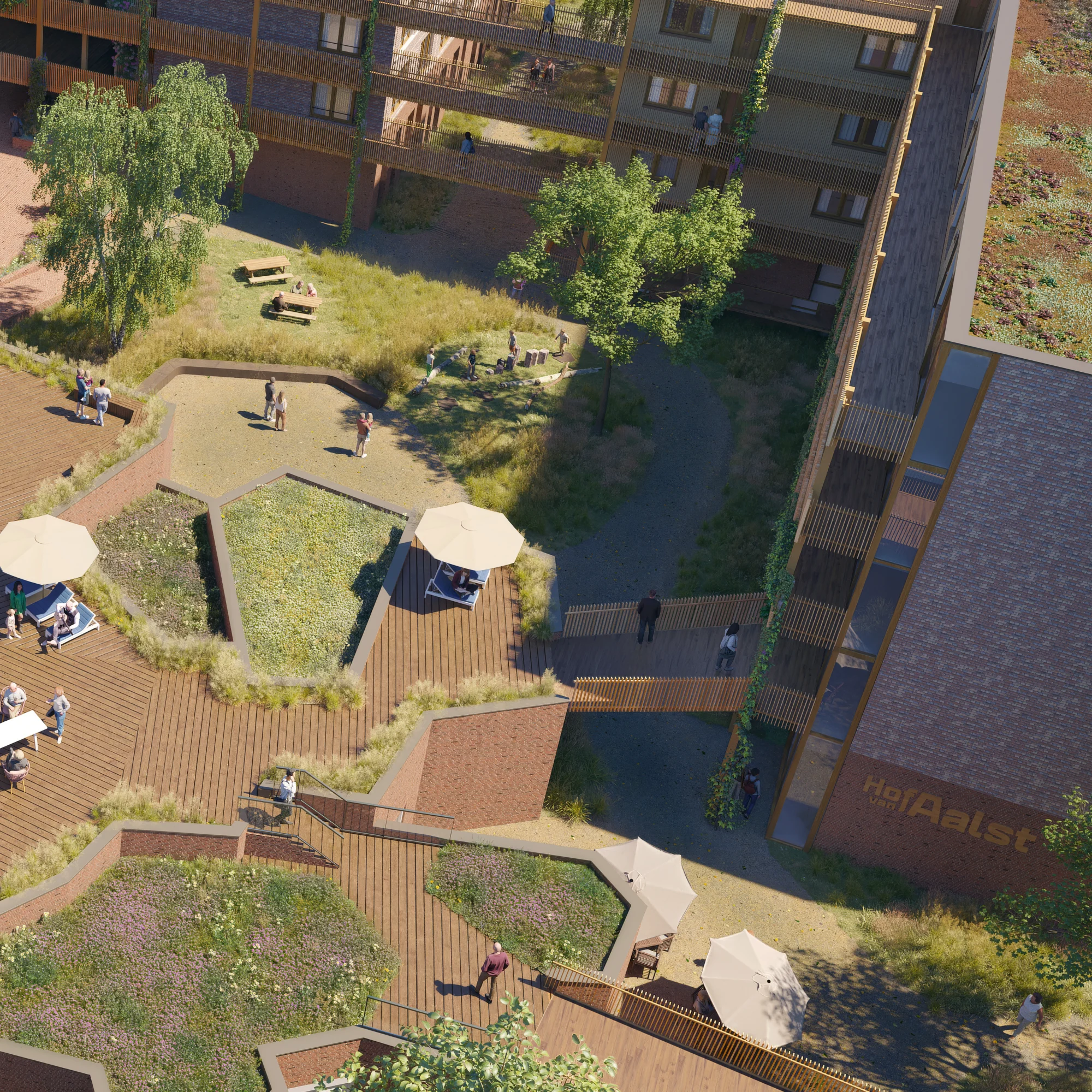 3D-exterieurvisualisatie van Hof van Aalst in Zoetermeer, binnentuin terrassen
