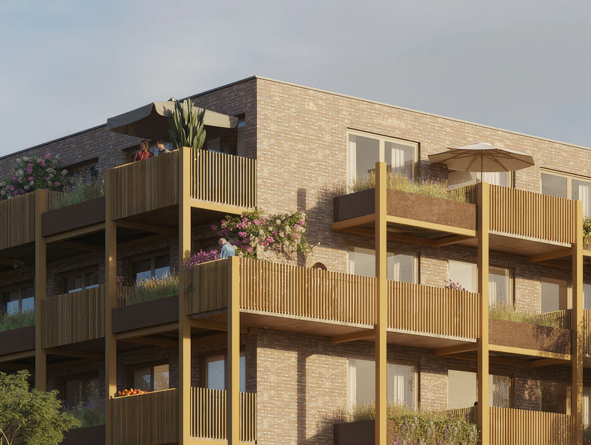 3D-exterieurvisualisatie van Hof van Aalst in Zoetermeer, houten balkons