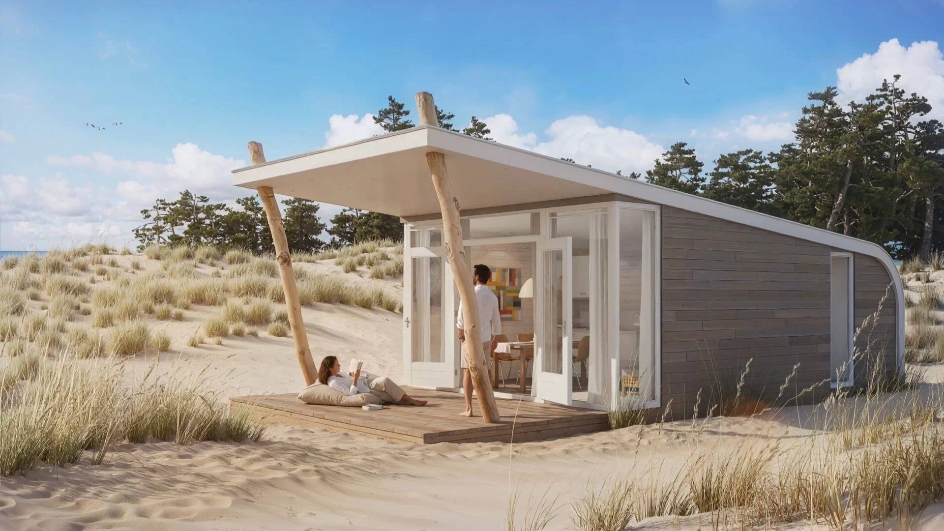 3D animatie b loft recreatie huis woning tussen de duinen mensen