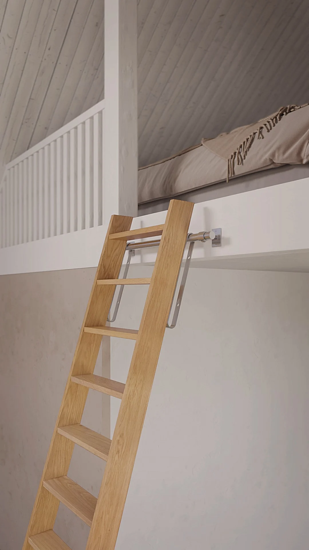 3D-animatie van Houtenladders in n.v.t, molenaarstrap nature eiken rvs ophangsysteem hoogslaper