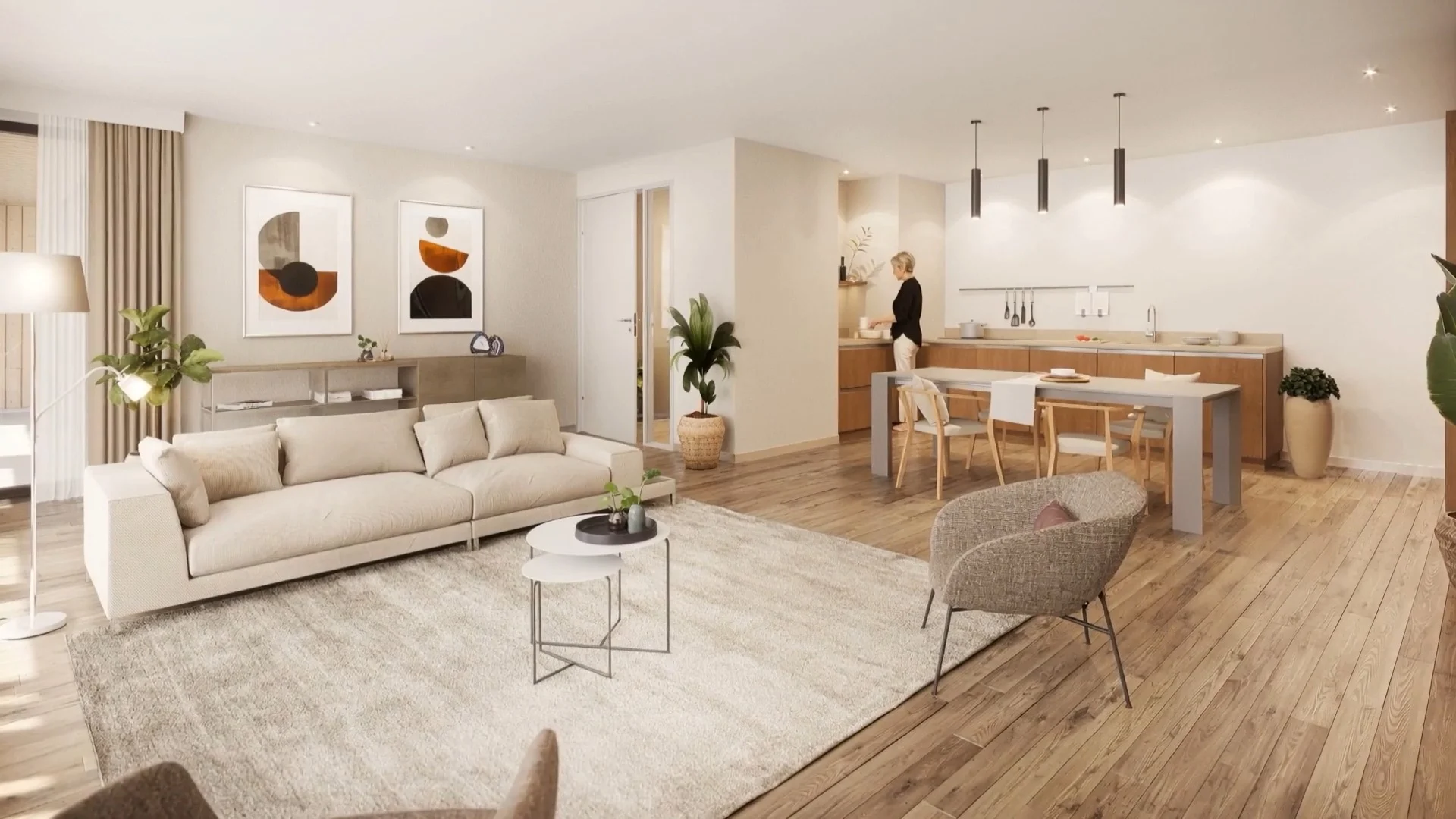 3D-animatie van Portgene in Kortgene, woonkamer type b1