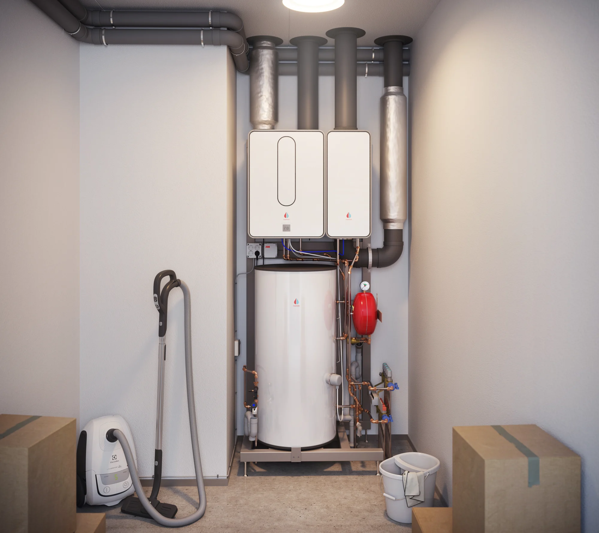 3D-productvisualisatie van Inventum warmtepompen in n.v.t, modul air all e skid kelder