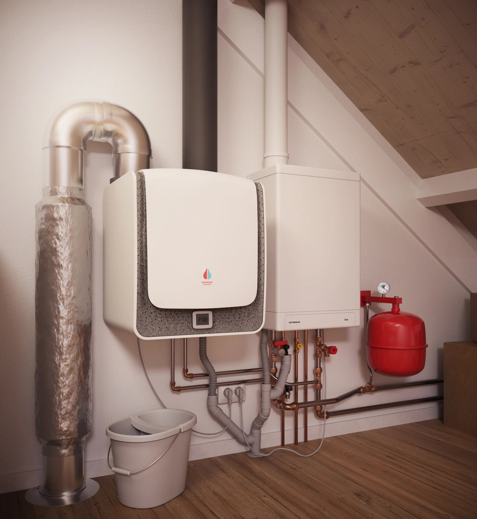 3D-productvisualisatie van Inventum warmtepompen in n.v.t, spaarpomp intergas cv zolder detail